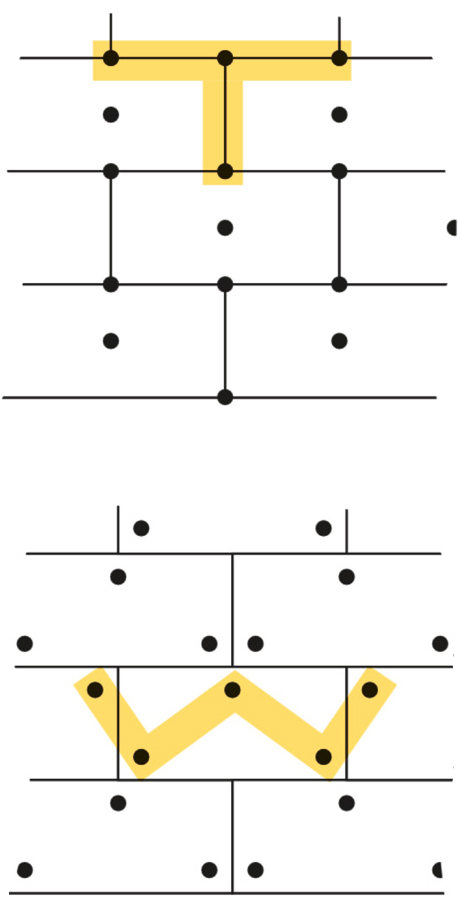 Schemi di tassellatura per pannelli in EPS. Sopra: schema a T; Sotto: schema a W; Entrambi: 6 tasselli/m2 (fonte: Sto SE & Co. KGaA)